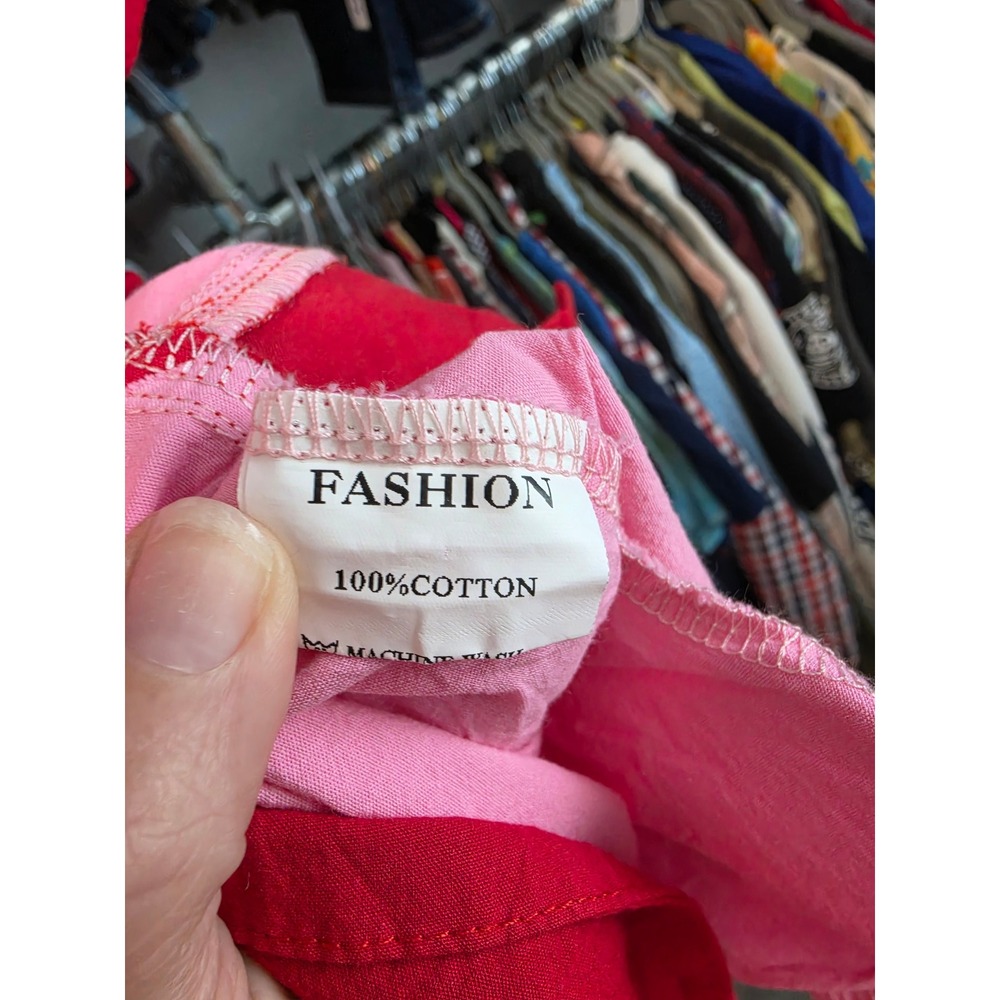 Fashion Pink Red Colorblock Cotton Tunic Mini Dress Short Puff Sleeve Small - Picture 5 of 5